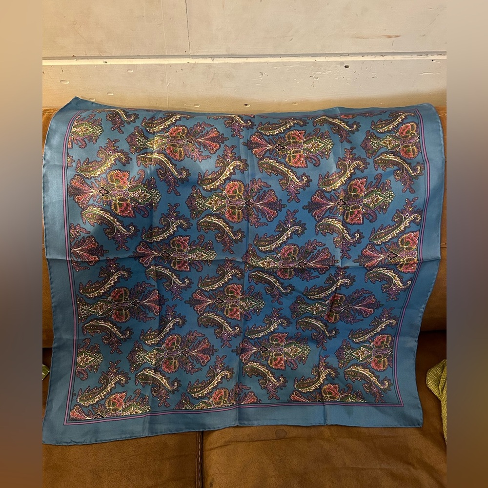 Gorgeous Silk Scarf Neckerchief Blue Filigree Floral Motif Made in Japan